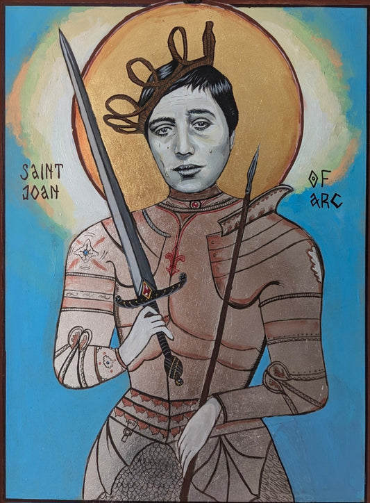 Handmade icon of Joan of D'arc painted by Blo Kirilov in unique style in 2025 in orthodox egg tempera way with gold halo, silver warrior armor and gesso. Inspired by The Passion of Joan of Arc Movie by Dreyer.