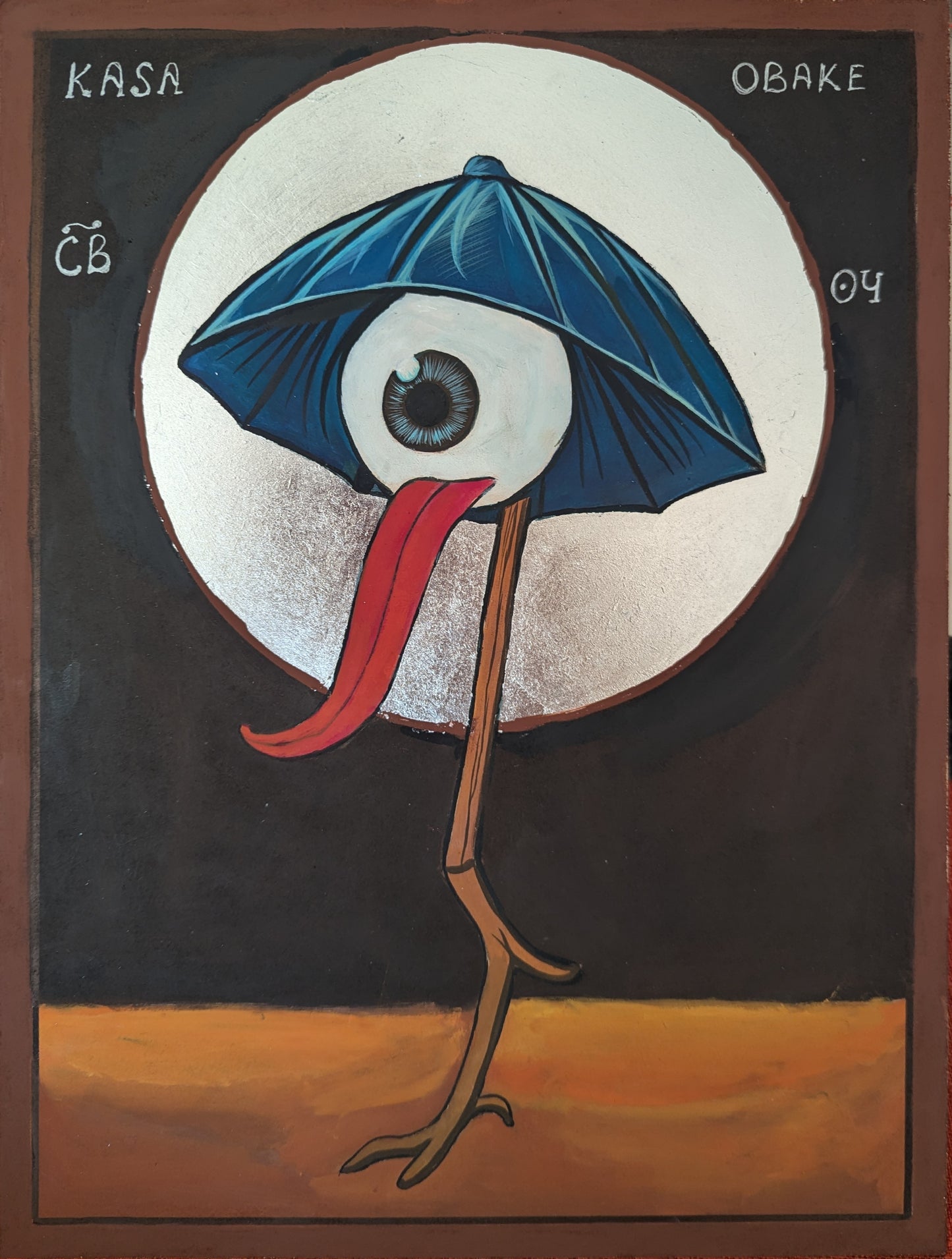Hand-painted icon of Saint Kasa Obake by Blo Kirilov, depicting a one-eyed Japanese umbrella spirit with a silver halo, long red tongue, and wooden leg, in a dark blue background with ochre base.