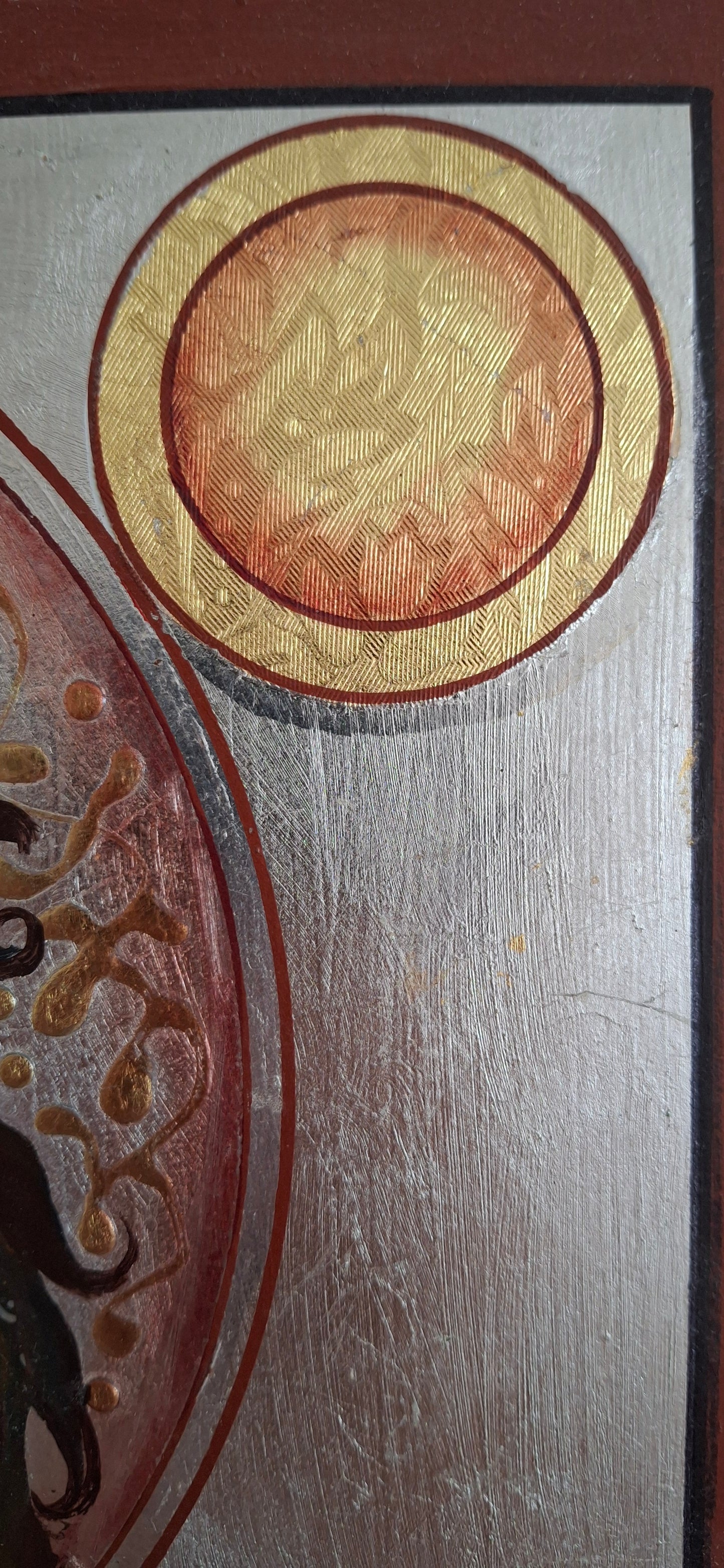 Abstract anti-icon of Bob Marley with cruciform pose, surrounded by burning vinyl halos and faded Zion ruins in a mystical fog