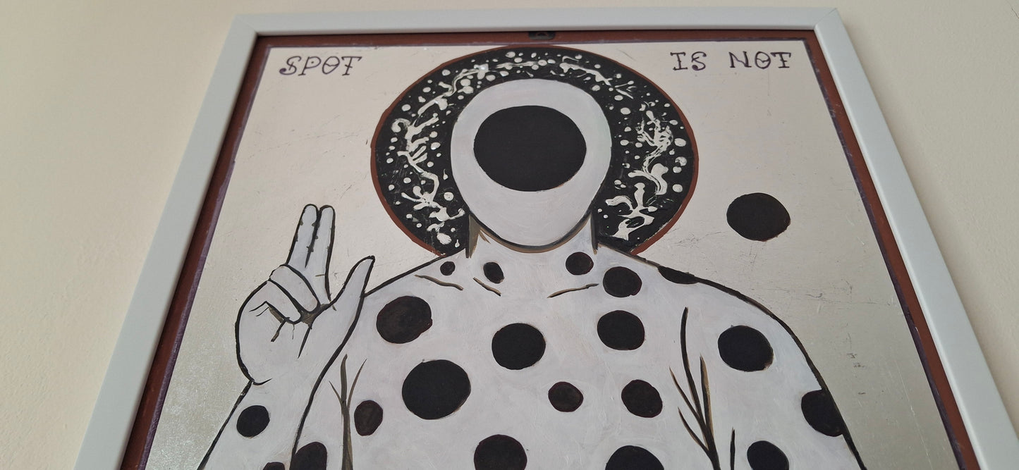 Frontal anti-icon of The Spot with cosmic holes tearing through his body, styled like a Byzantine saint gone glitch
