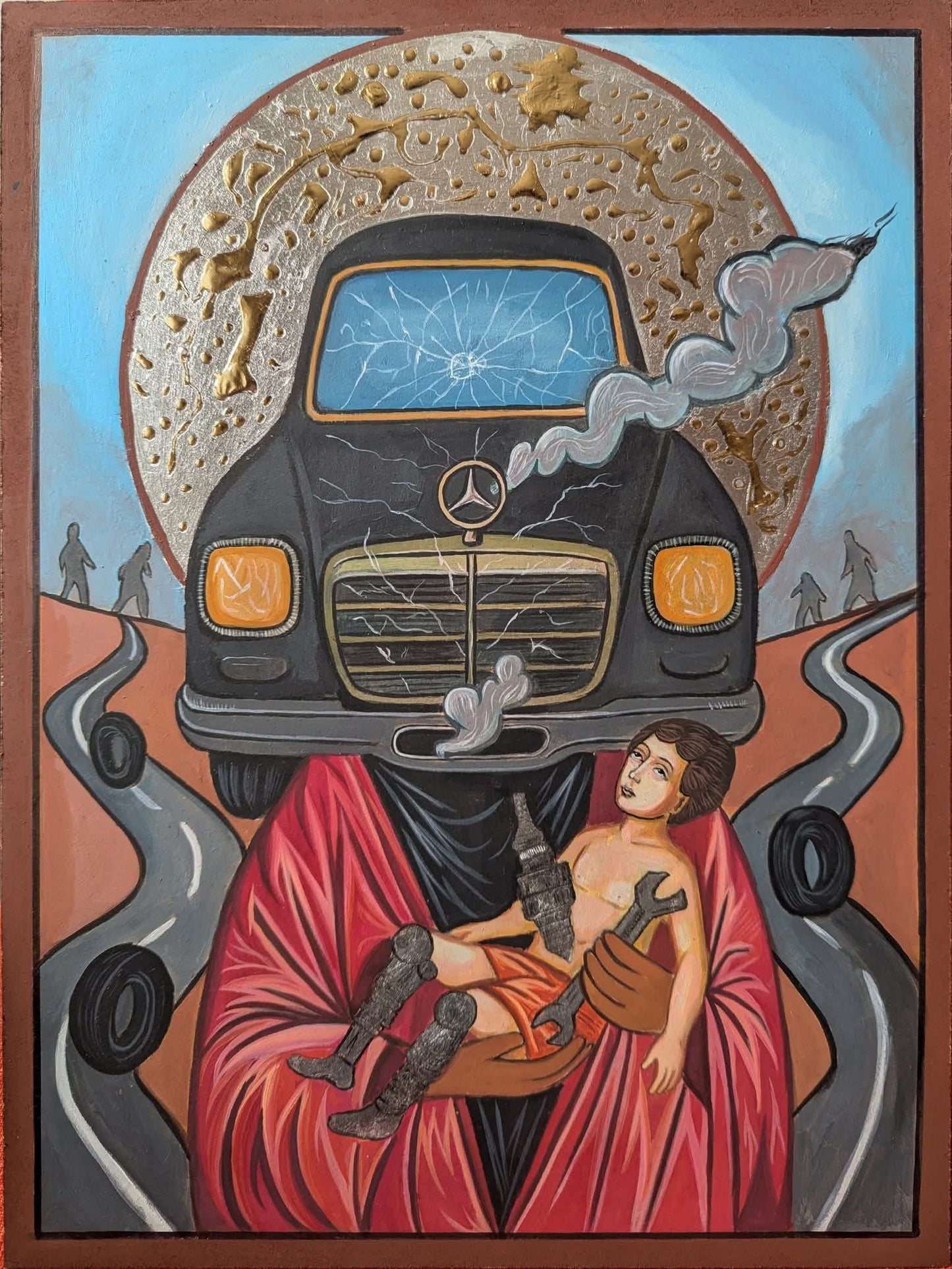 Dark mixed media painting featuring a Mercedes emblem as a false religious icon, holding a deformed child figure; symbolic critique of modern idolatry, consumerism, and car worship.
