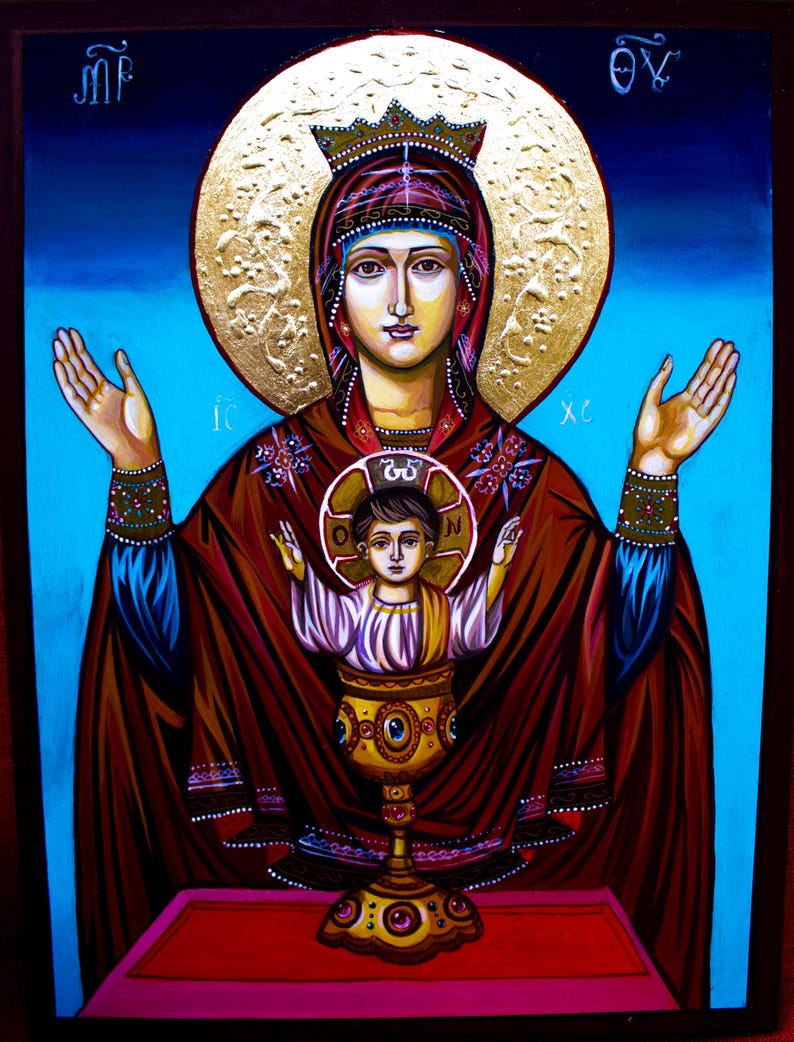 "Hand-painted Orthodox icon of the Theotokos of the Inexhaustible Cup with Virgin Mary and Jesus in a golden chalice, traditional Russian iconography.
