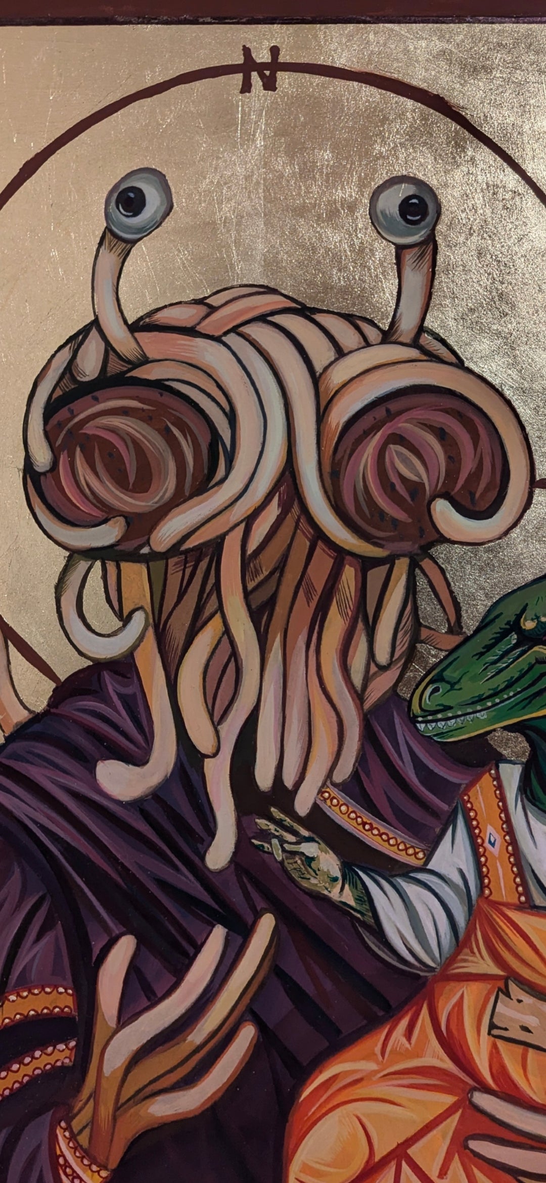 Photo of a painted Pastafarian religious icon with the Flying Spaghetti Monster.