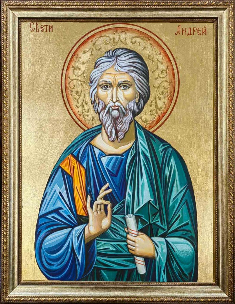 Saint Andrew of Crete, Archbishop of Jerusalem, depicted in traditional Orthodox vestments on a wooden icon