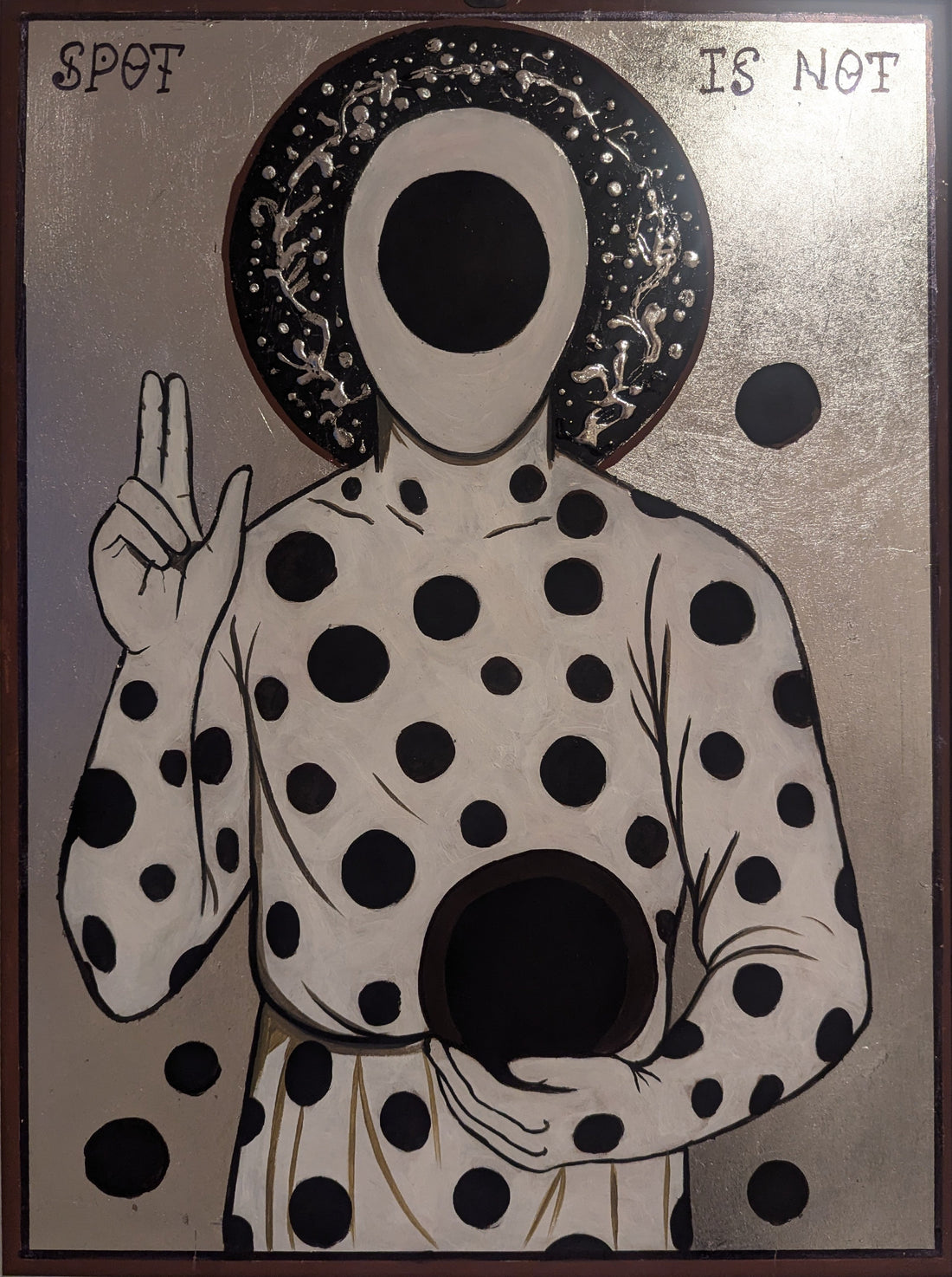 Original icon artwork with silver background, surreal faceless figure, portal art, contemporary religious painting, Spot-inspired.