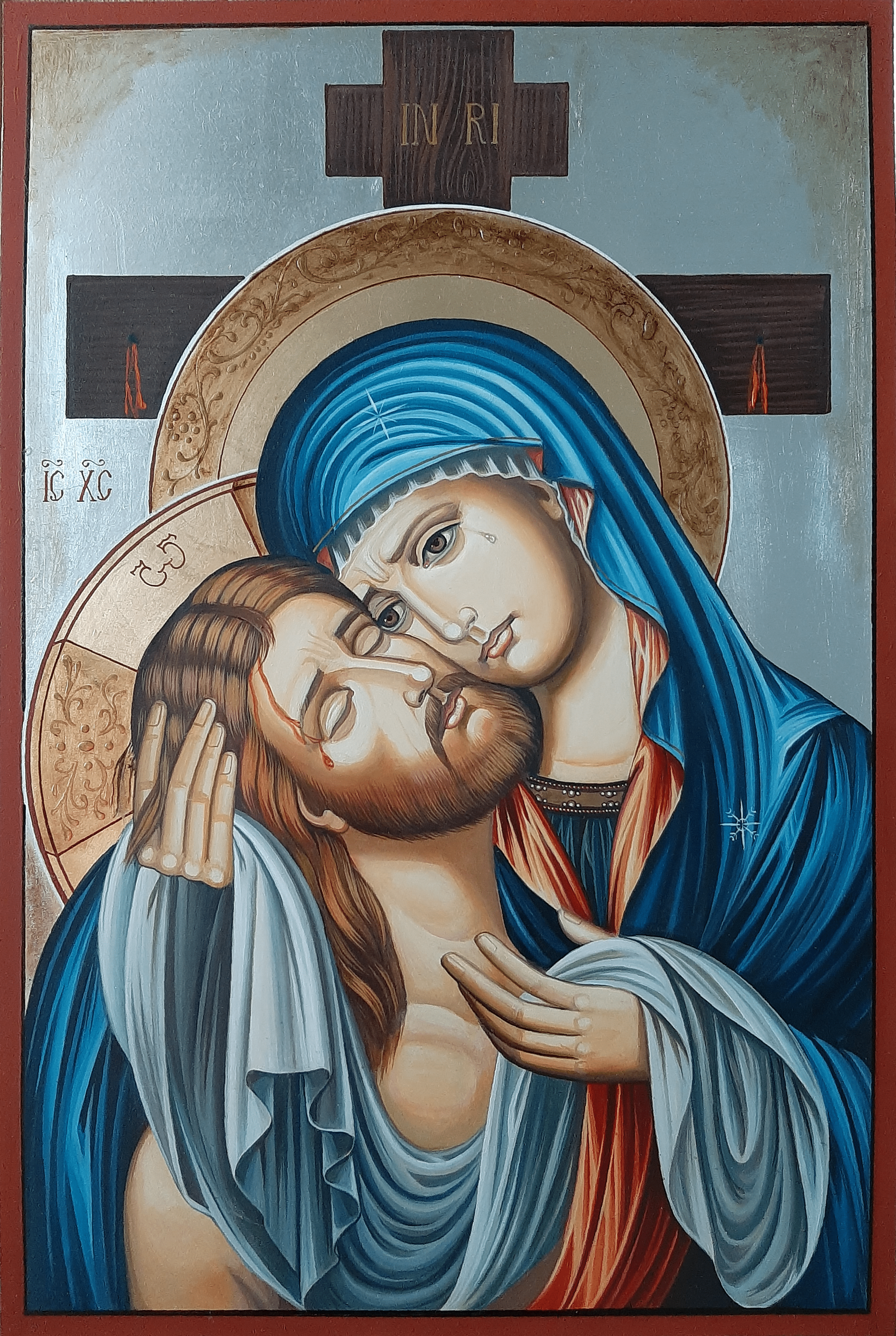 Orthodox Pieta icon of Virgin Mary holding Jesus – hand-painted with gold leaf and embossed details