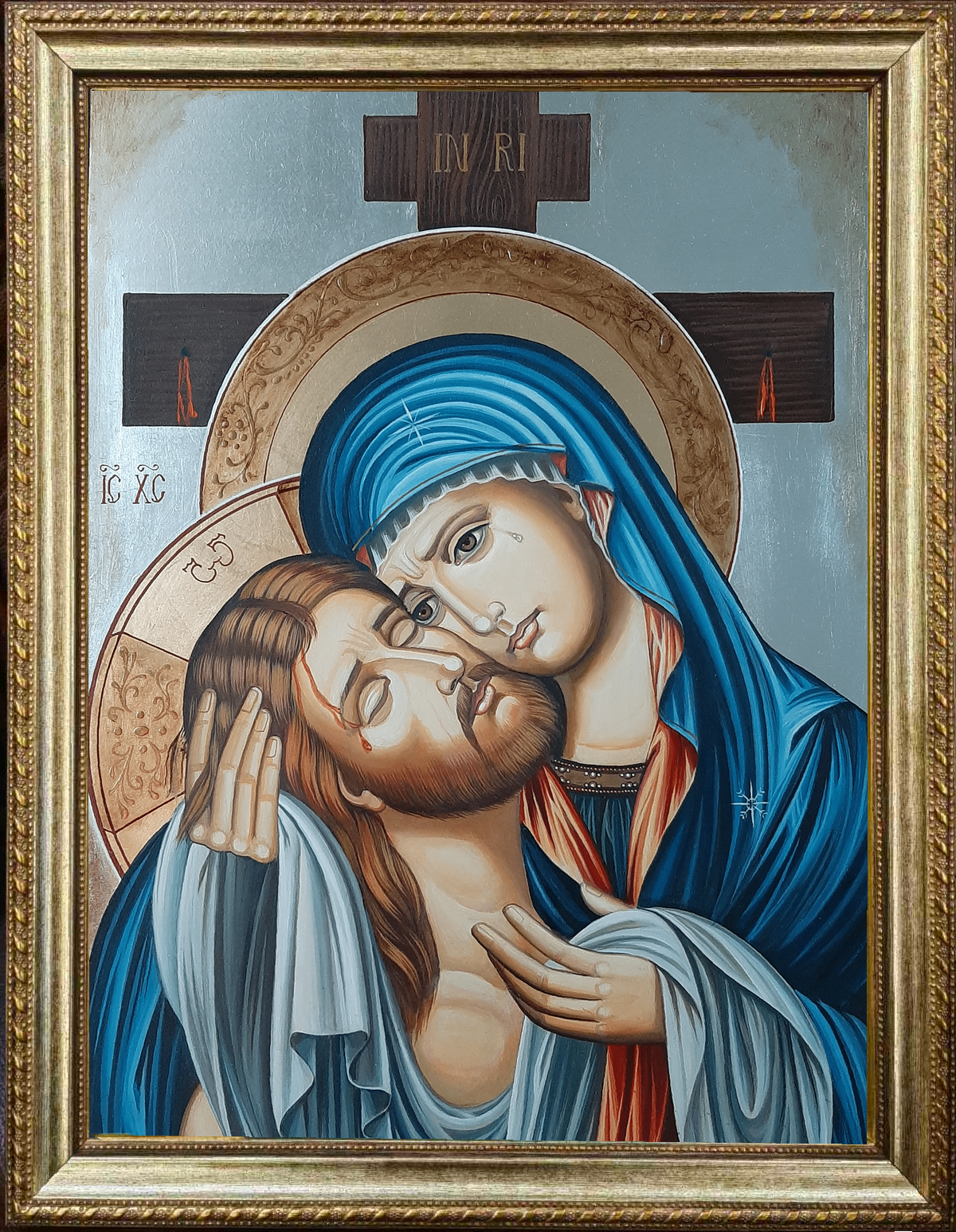 Sorrowful Virgin Mary religious icon – traditional craftsmanship on wood with silver varak and tempera paints