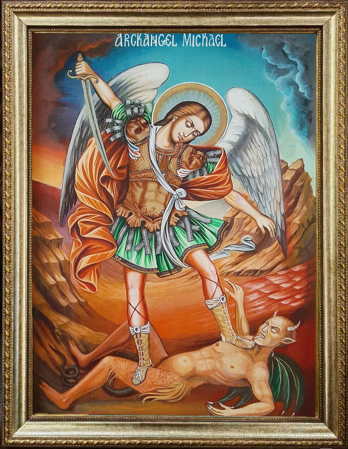 Traditional Byzantine-style icon of Archangel Michael, richly decorated with silver and gold accents, fighting evil and protecting the faithful.