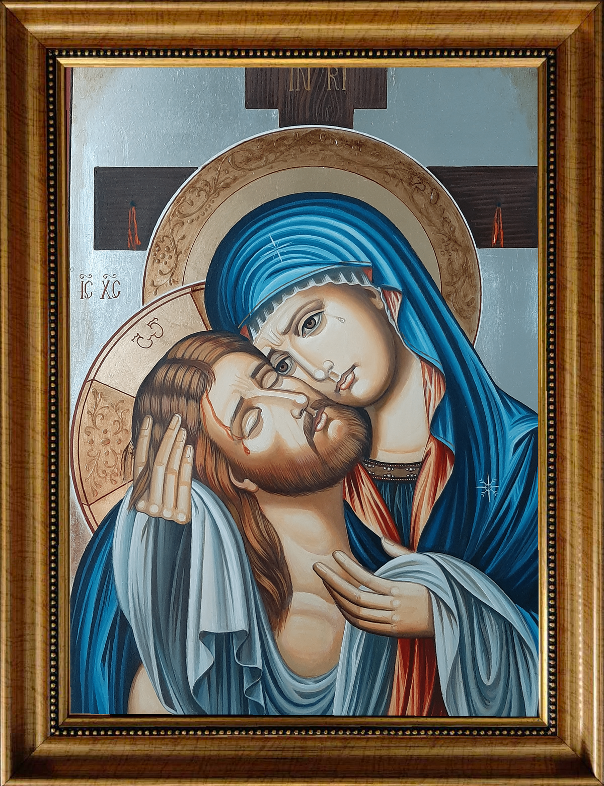 Handcrafted Pieta icon – Virgin Mary mourning Christ, Lazarella school Orthodox wall art