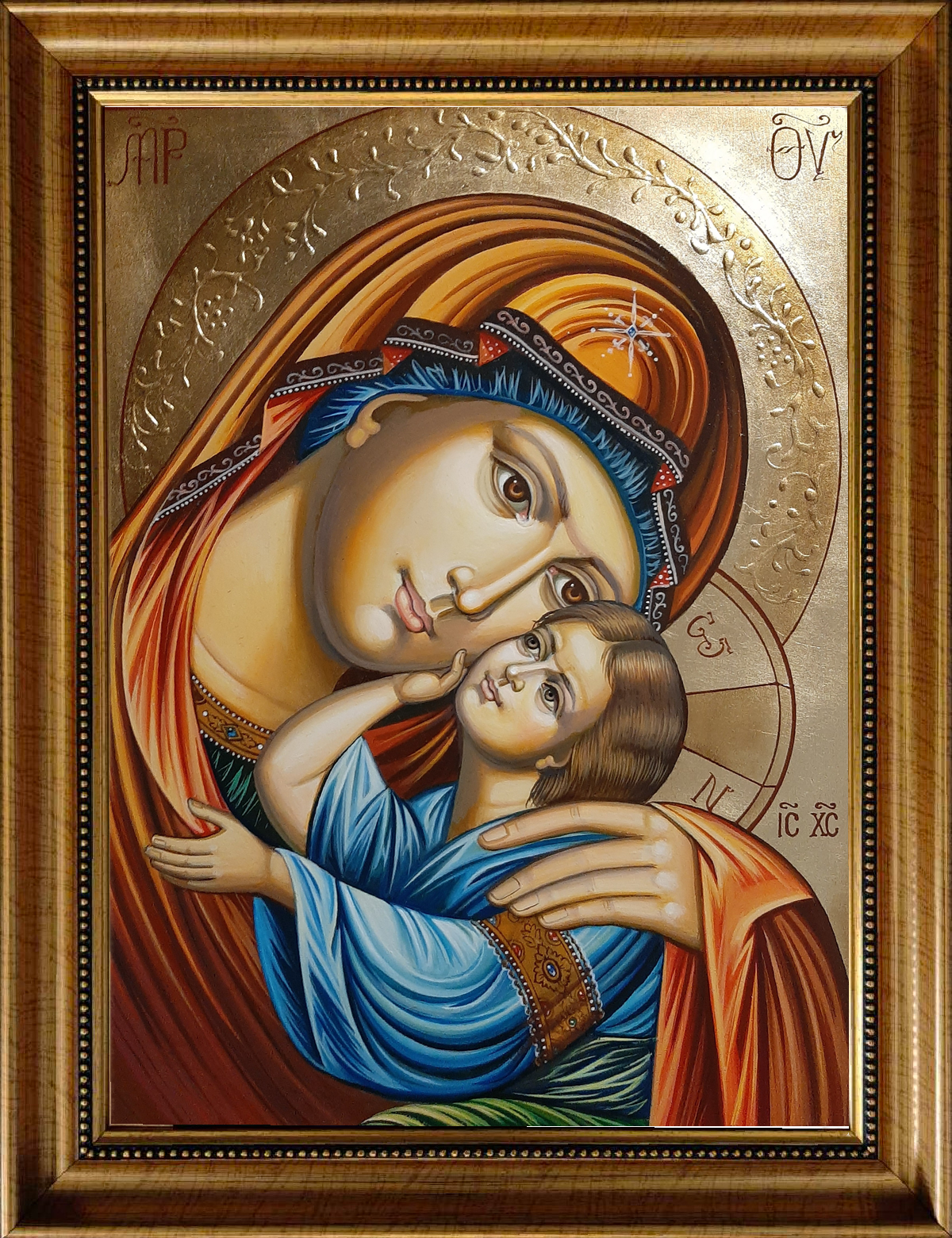 Sacred image of the Theotokos with the Infant Jesus, their cheeks touching in a gesture of deep compassion and spiritual intimacy