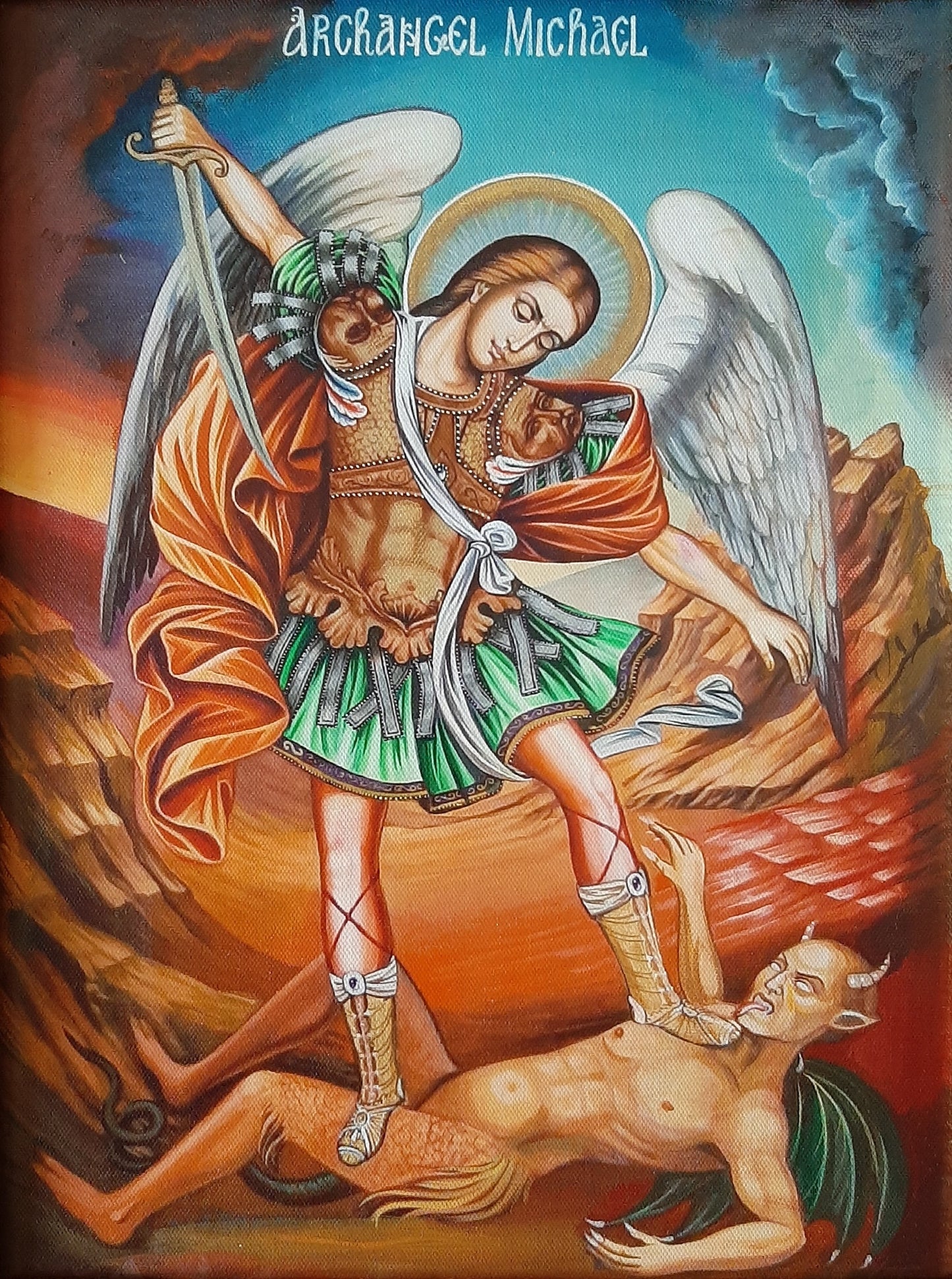 Hand-painted Orthodox icon of Saint Archangel Michael taking the souls of the rich, with gold leaf and relief details on solid wood.