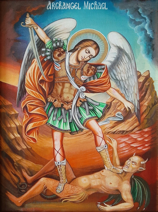 Hand-painted Orthodox icon of Saint Archangel Michael taking the souls of the rich, with gold leaf and relief details on solid wood.