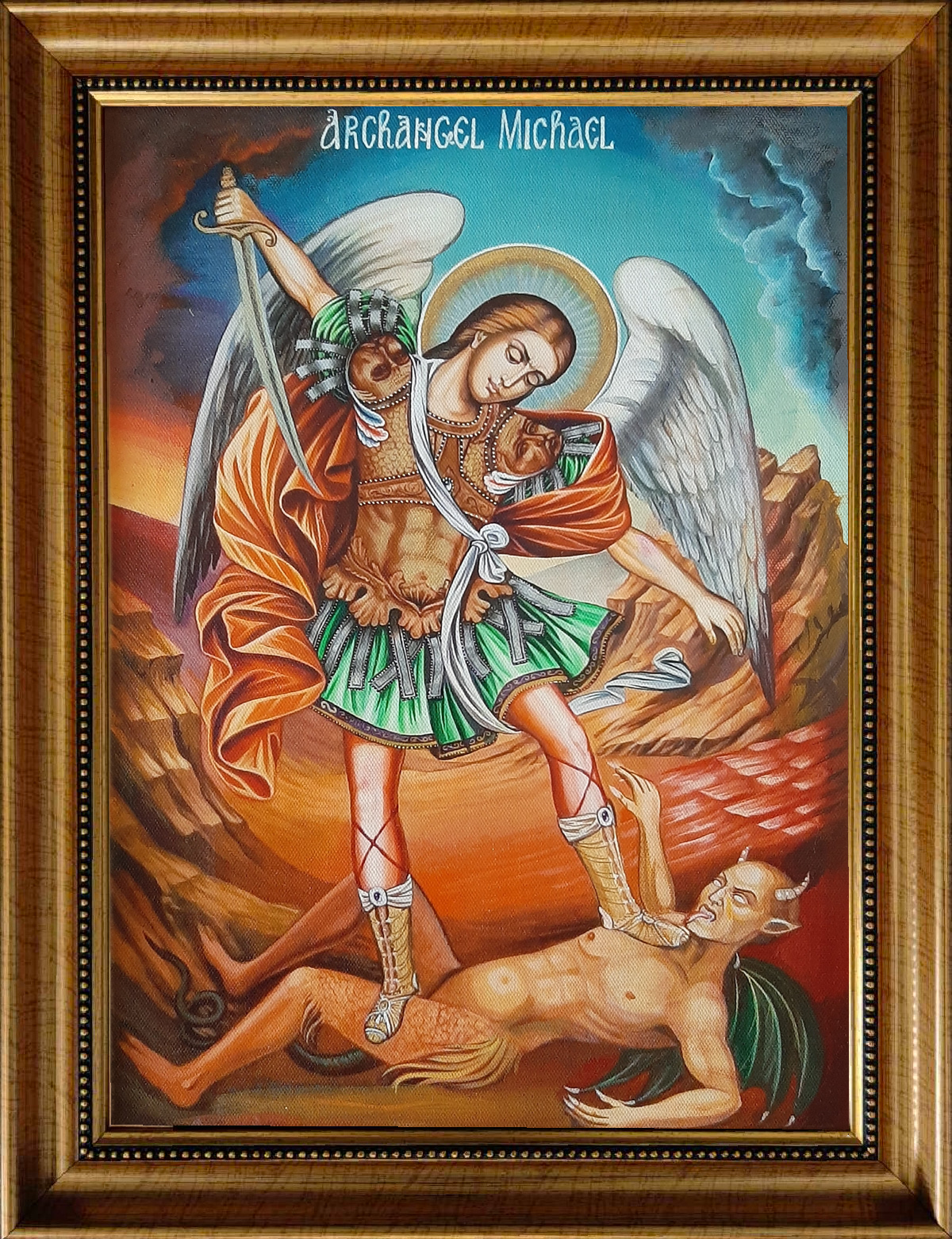 Close-up of Saint Michael icon with radiant halo, tempera colors, and baroque-inspired ornamentation, made by a master iconographer.