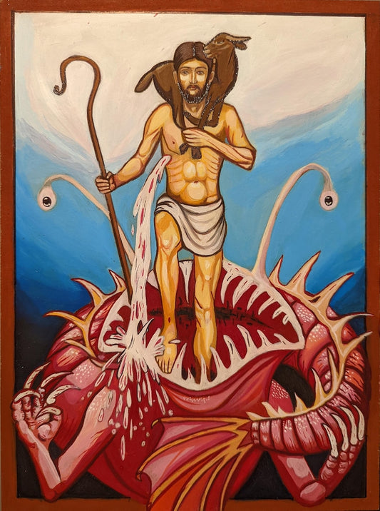 Handmade icon of Christ the Good Shepherd confronting the biblical Leviathan