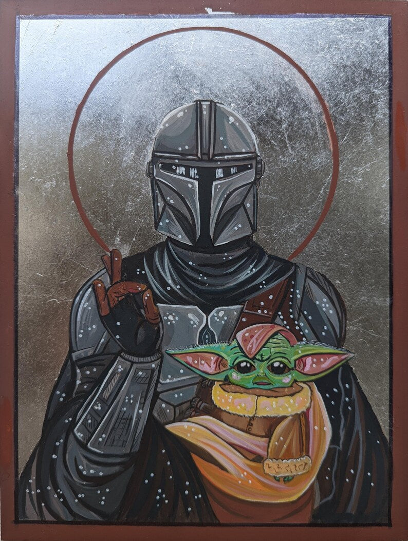 Handmade Byzantine-style icon of The Mandalorian and Grogu on wooden panel