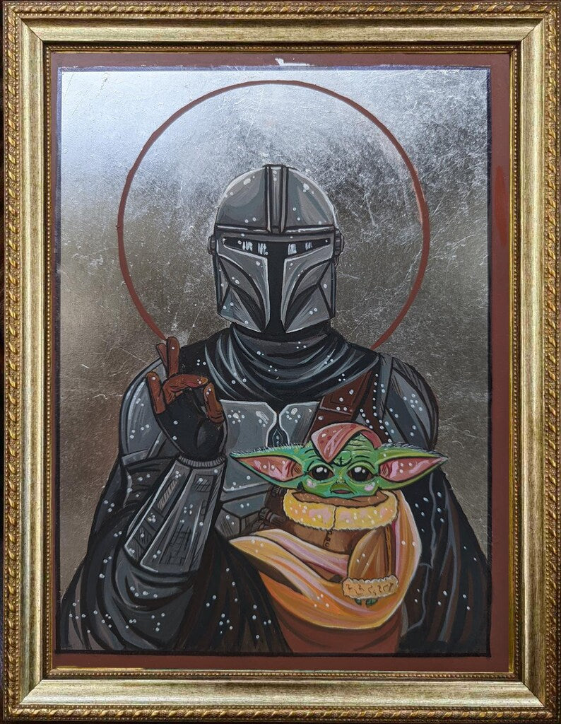 Unique sci-fi devotional artwork blending Mandalorian imagery with traditional icon painting