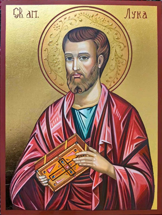 Hand-painted Orthodox icon of Saint Luke the Evangelist on wooden panel.