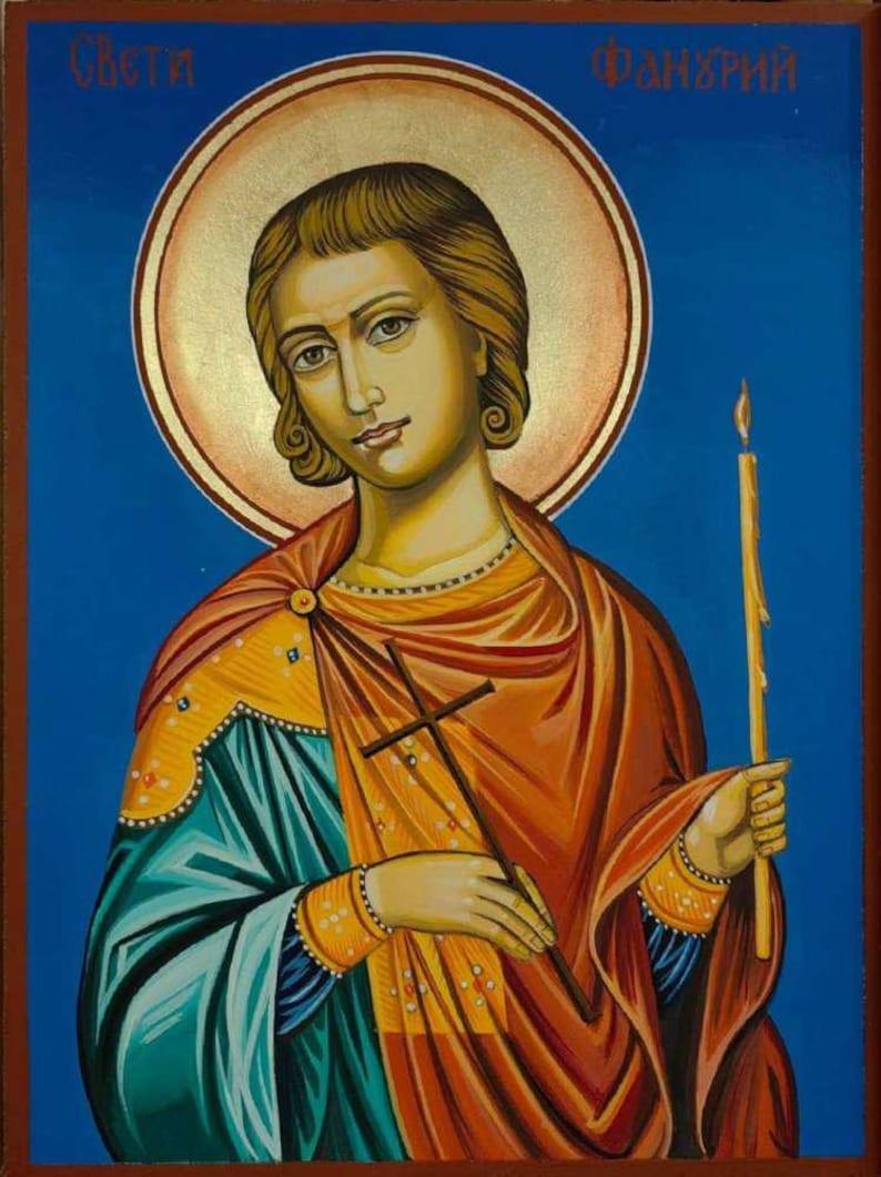 Hand-painted Orthodox icon of Saint Phanourios with gold leaf accents