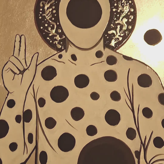 Experimental art video featuring The Spot as an anti-iconic figure, dissolving through black portals in a sacred multiverse setting, blending glitch aesthetics, spiritual symbolism, and abstract animation inspired by Spider-Man Across the Spider-Verse
