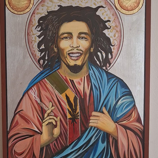 Art video showcasing a unique hand-painted anti-icon of Bob Marley, blending Rastafarian colors, spiritual symbolism, and surreal iconography, with detailed close-ups of the cracked halo, burning dreadlocks, and mystical reggae elements