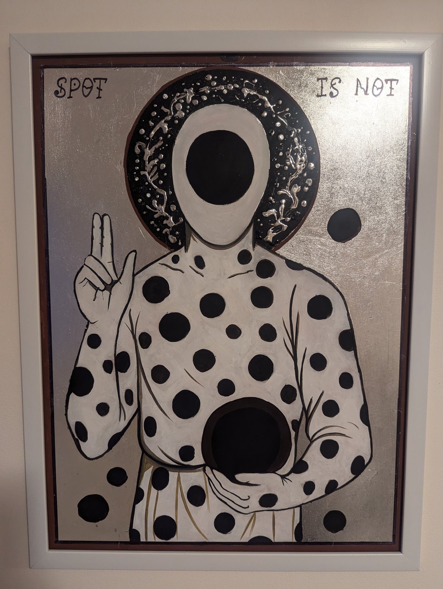 Hand-painted icon featuring a faceless black-and-white figure covered in portal-like holes, set against a silver ornamental background with a white frame.