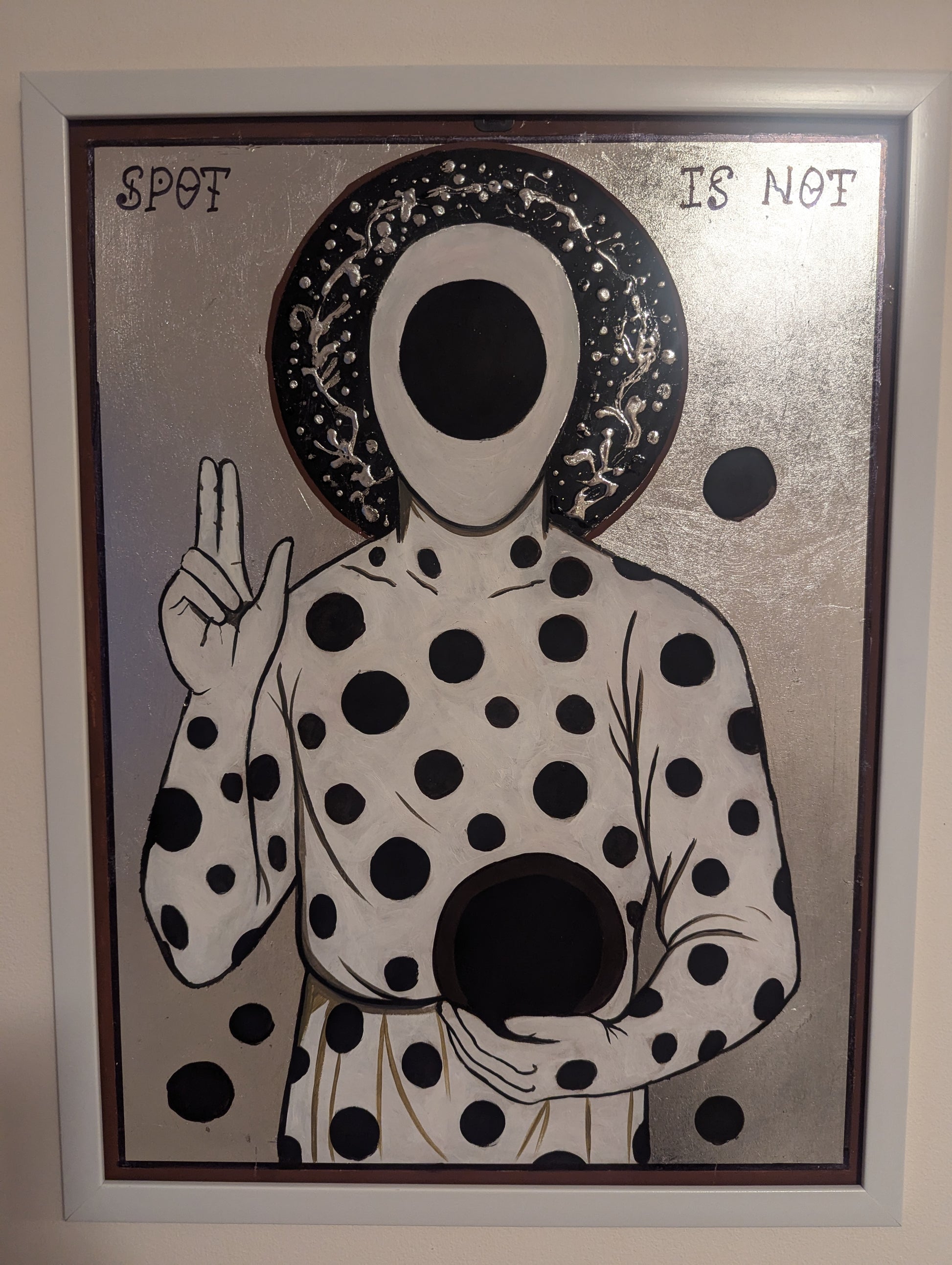 Hand-painted icon featuring a faceless black-and-white figure covered in portal-like holes, set against a silver ornamental background with a white frame.