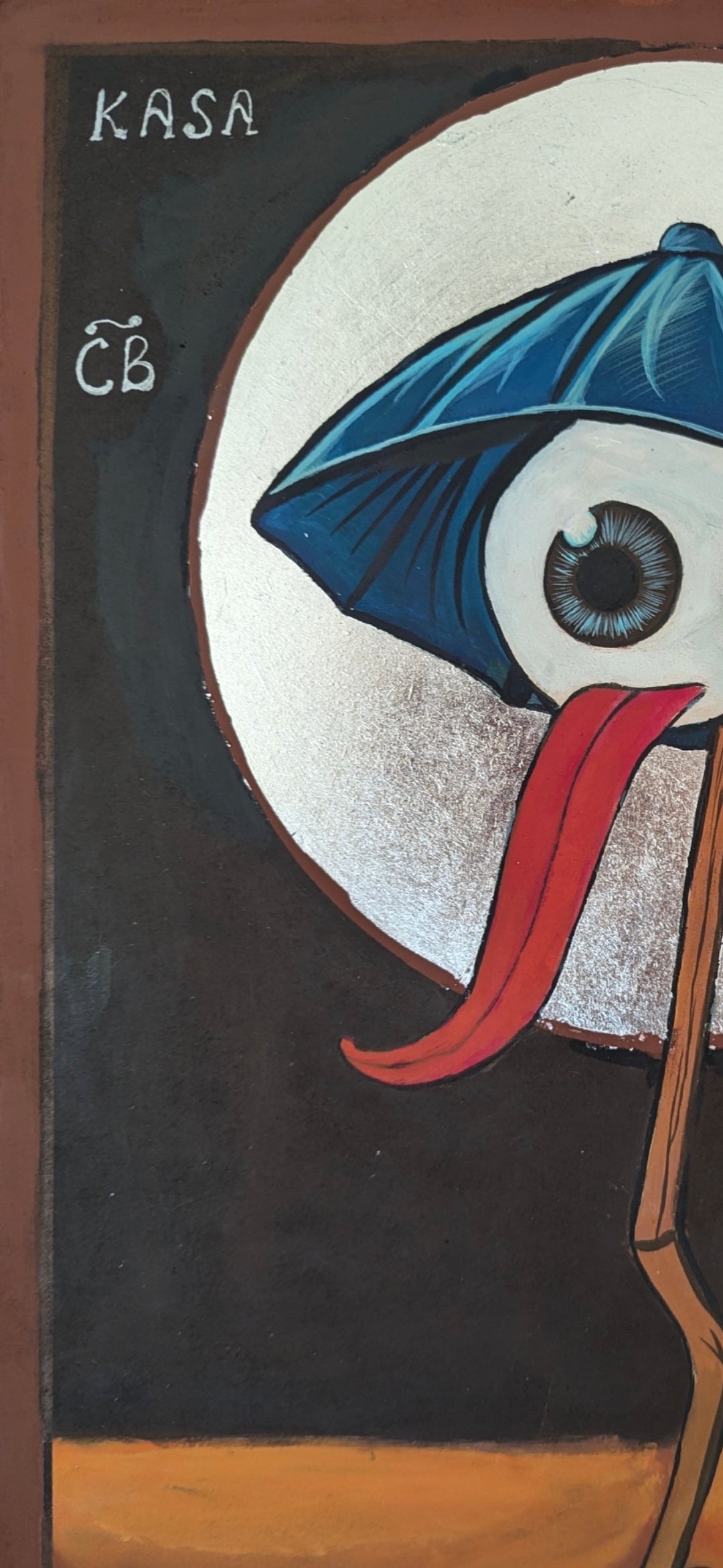 Surreal icon blending Japanese folklore and Eastern Orthodox aesthetics — Kasa Obake, saint of lost things, with a wooden leg and deep blue background.
