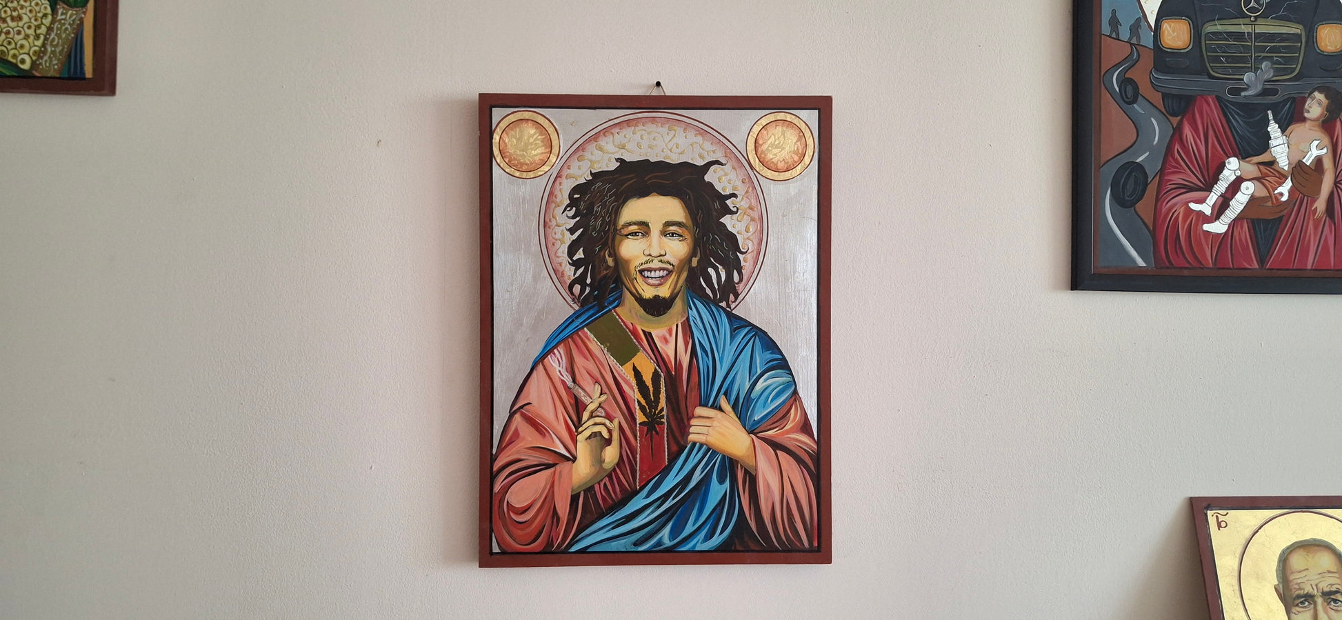 Surreal icon of Bob Marley seated in lotus position, encircled by soundwaves and devoured prayers, his eyes two silent speakers