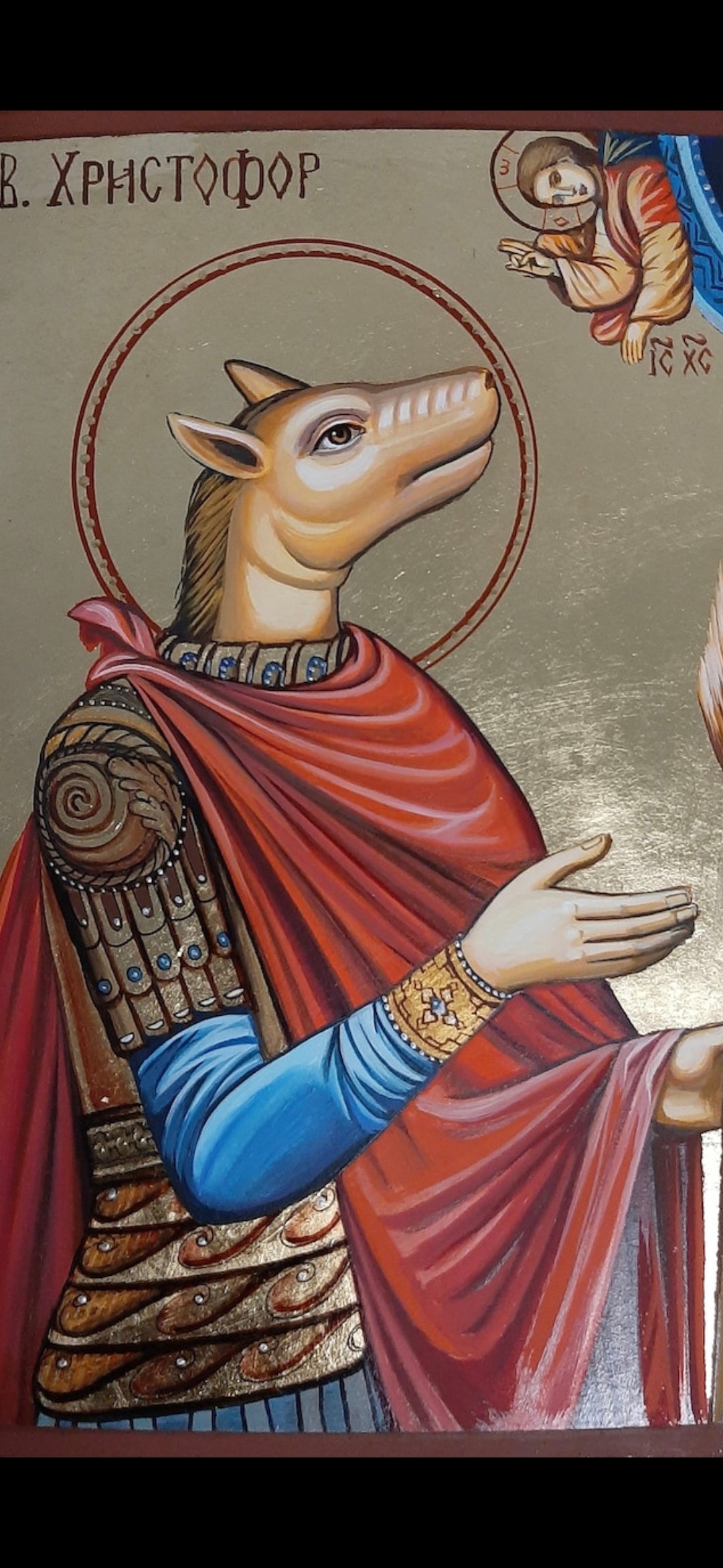 Orthodox Christian icon of Saint Christopher with canine head on aged wood, inspired by Mount Athos
