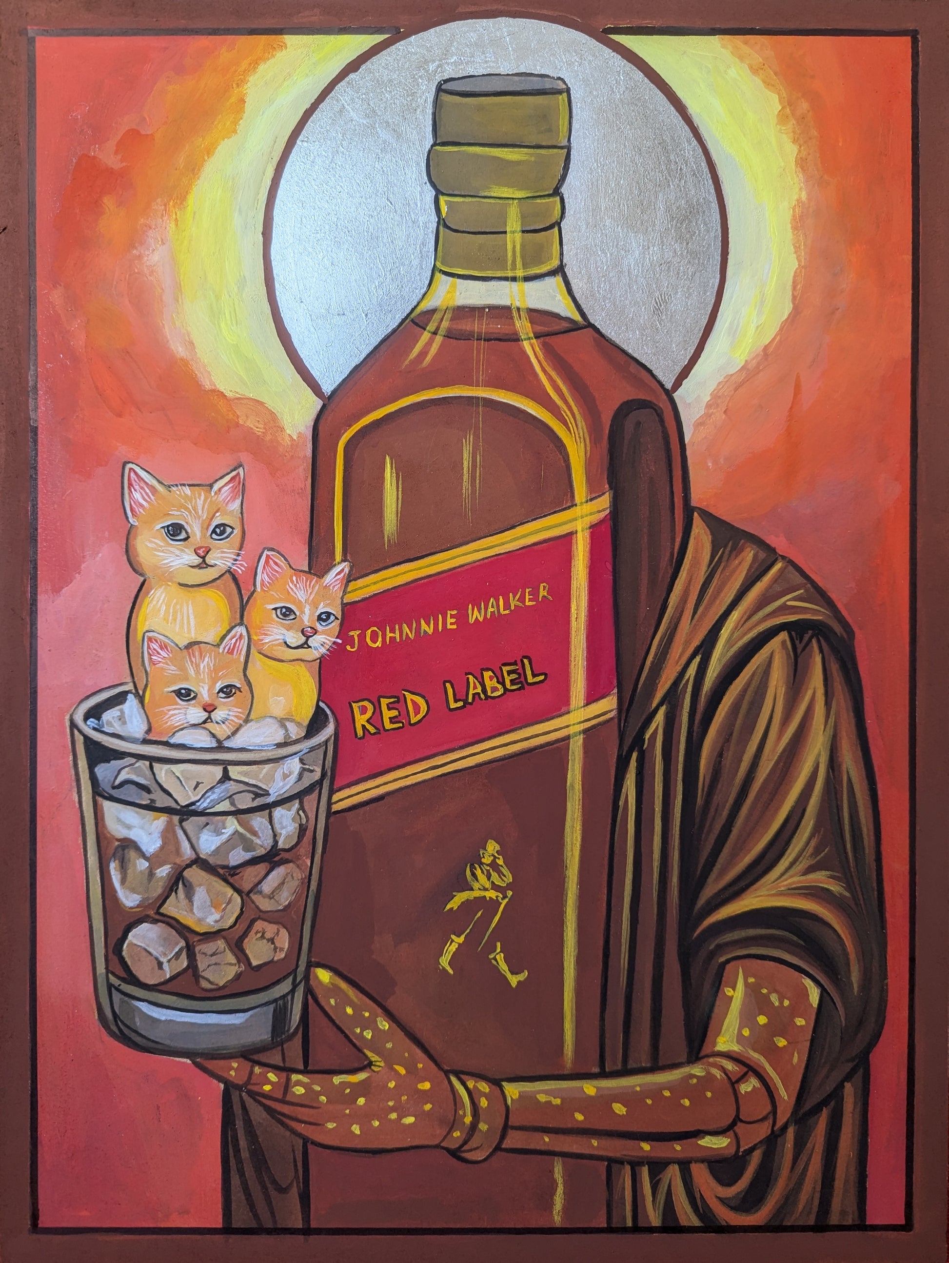 Surreal hand-painted icon of a bottle-shaped saint with amber eyes, glass womb holding three kittens on ice, in Blo Kirilov-inspired sacred style.