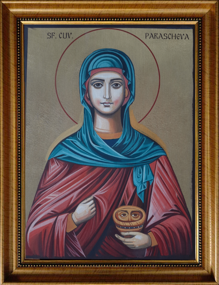 Close-up of Saint Paraskeva the Roman icon featuring sacred symbolism and hand-painted craftsmanship in Christian tradition