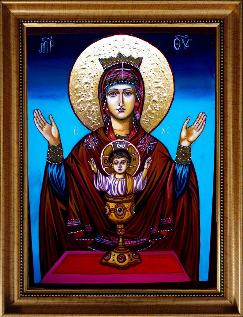 Icon of the Virgin Mary and Christ Child – Theotokos of the Inexhaustible Cup, gold leaf background, embossed details, painted on wood.