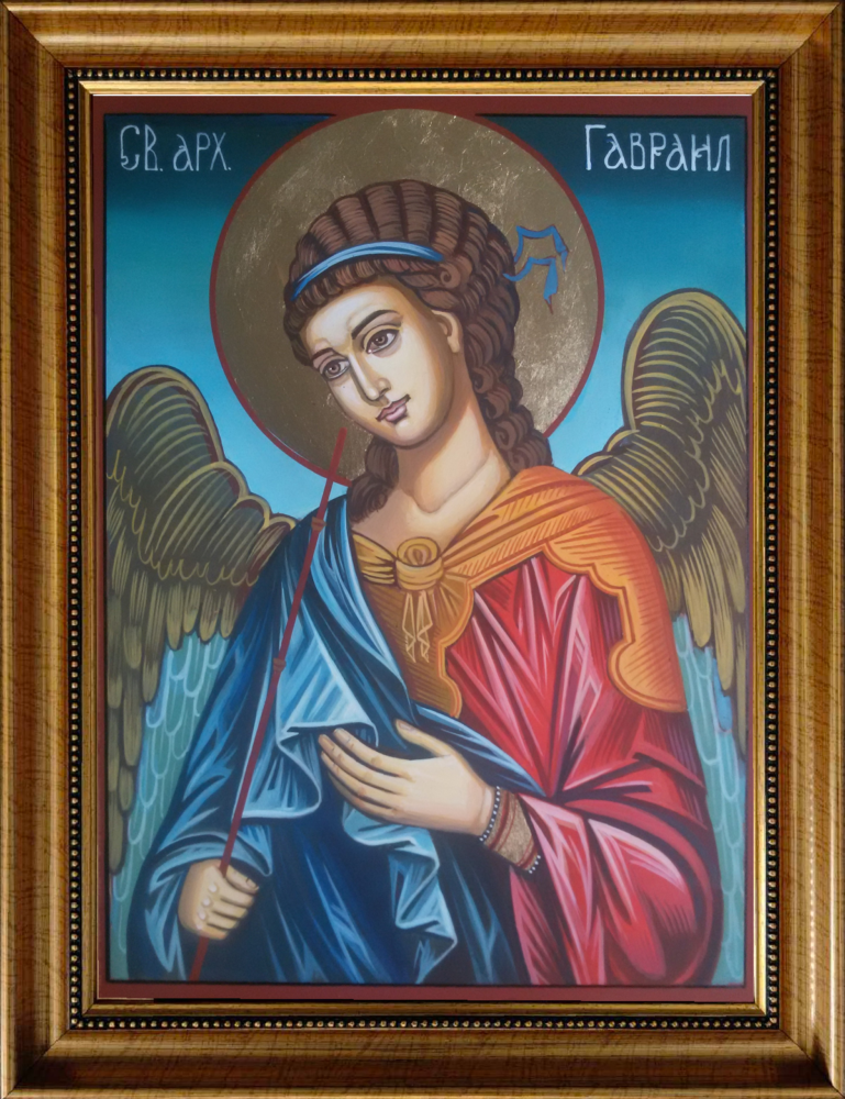 Religious icon of divine messenger Gabriel with luminous halo and sacred details