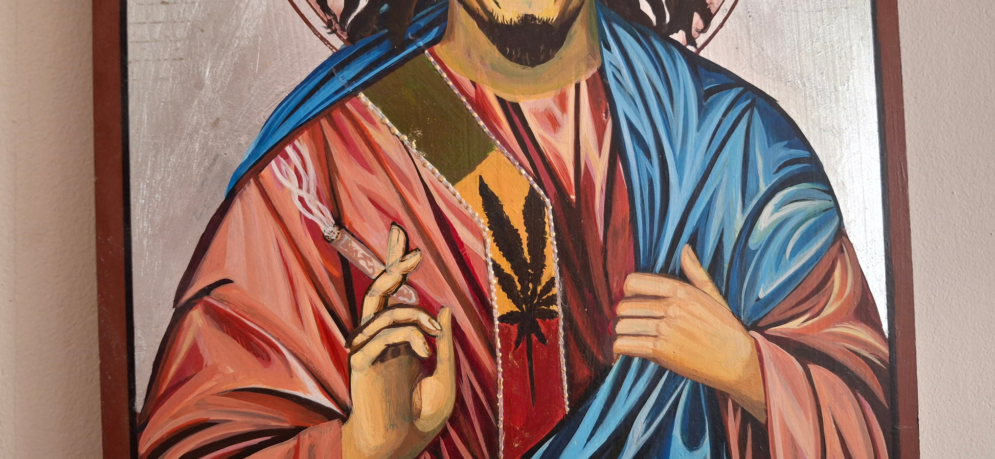 Post-religious Bob Marley icon art with glitching background, sacred leaf patterns, and prophetic sorrow etched into his hands