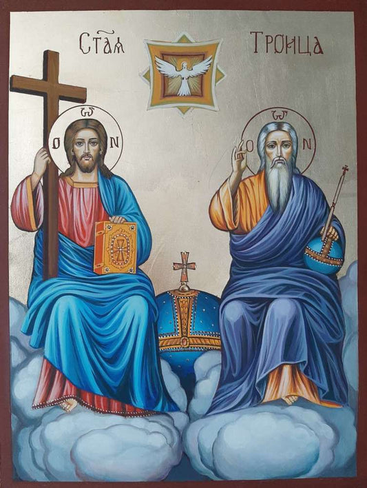 Hand-painted Orthodox icon of the Holy Trinity with traditional Christian symbolism.
