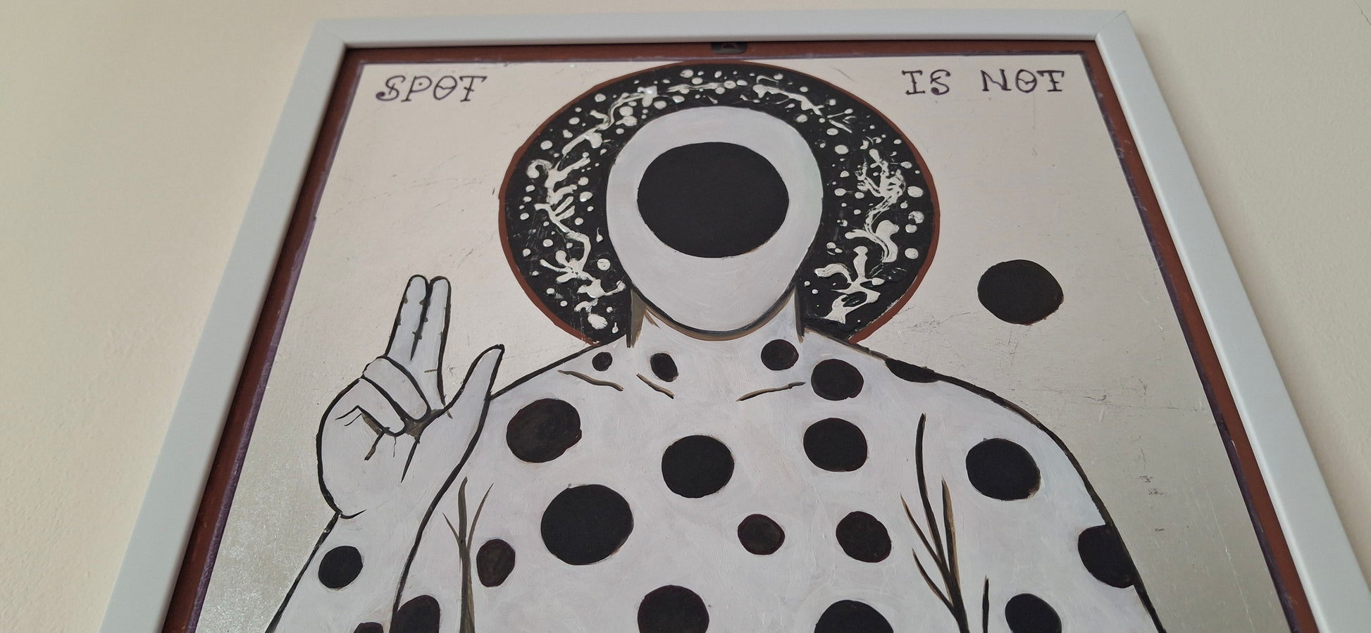Frontal anti-icon of The Spot with cosmic holes tearing through his body, styled like a Byzantine saint gone glitch