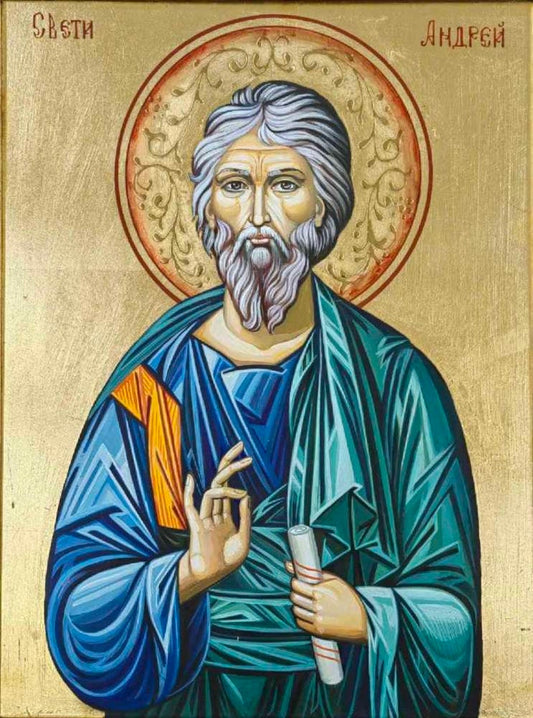 Byzantine Orthodox icon of Saint Andrew of Crete holding a scroll, handmade religious artwork on gold background
