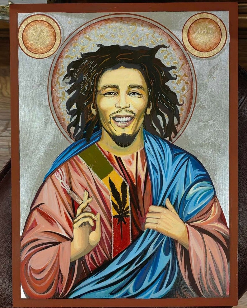 Bob Marley Byzantine Icon Style Canvas Print – Spiritual Reggae Artwork with Rasta and Jamaican Symbolism