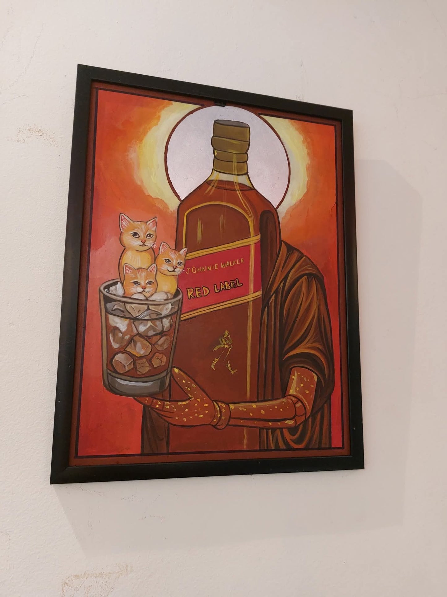 Contemporary religious-surrealist icon on wood panel featuring bottle figure, kittens in a glass, orange apocalyptic background, Blo Kirilov aesthetic.