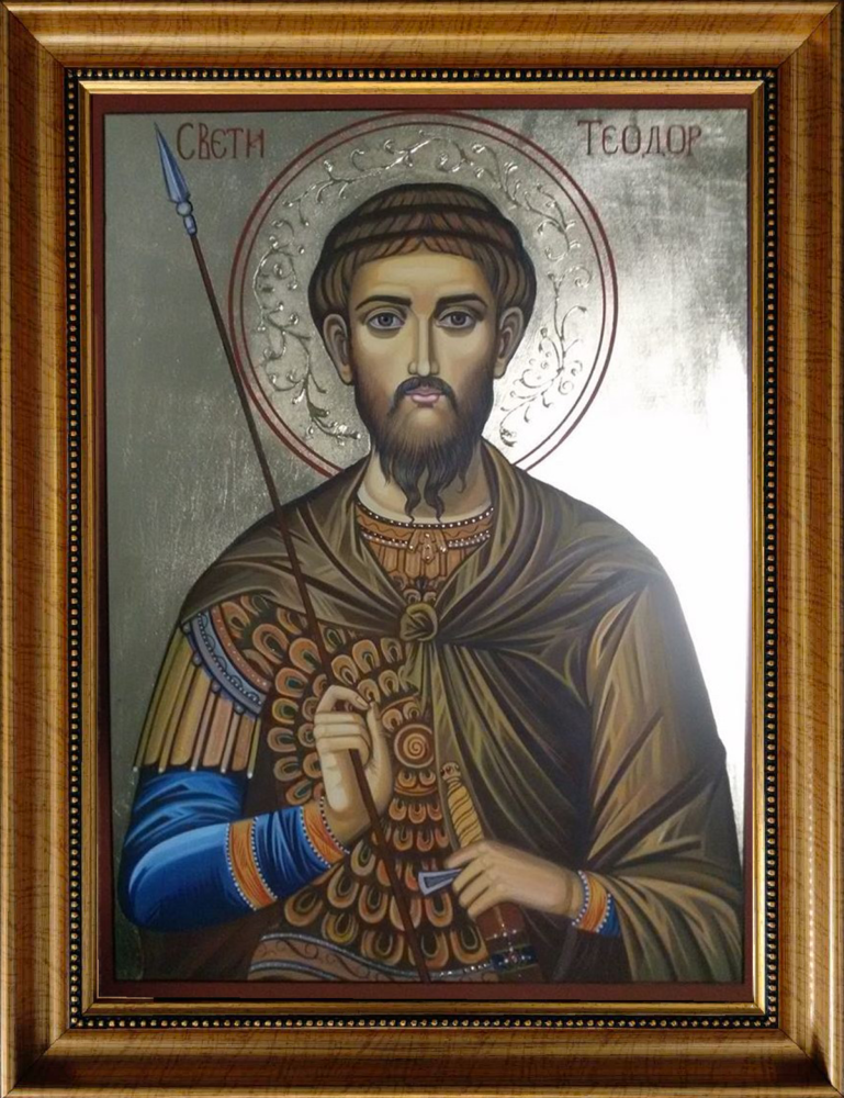 Byzantine-style Orthodox icon of Saint Theodore Tyron with spear and armor – spiritual gift for protection and faith