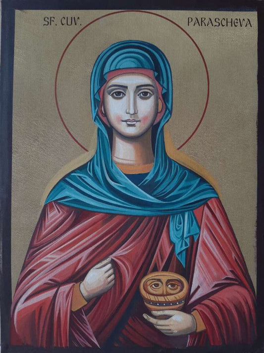 Hand-painted Orthodox icon of Saint Paraskeva of Rome on wooden panel with gold background and traditional Byzantine details