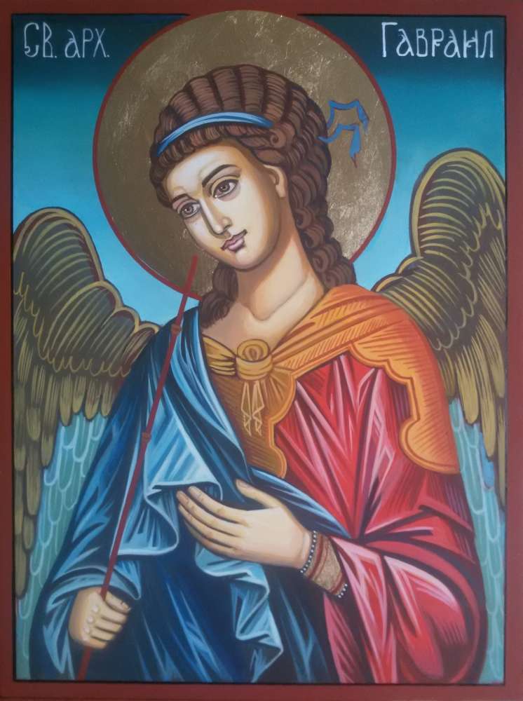 Hand-painted Orthodox icon of Archangel Gabriel with gold leaf and wooden panel