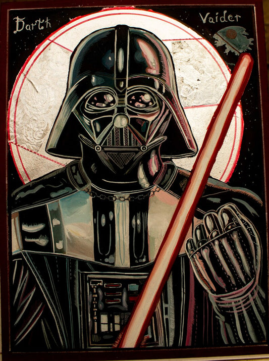 Handmade Darth Vader religious icon painting with gold leaf details
