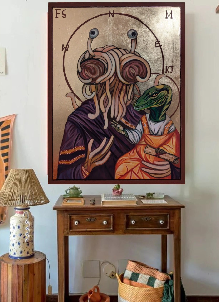 Wall decor photo of a handmade Pastafarian icon, featuring the Flying Spaghetti Monster in traditional icon style, ideal for quirky or eclectic home interiors.