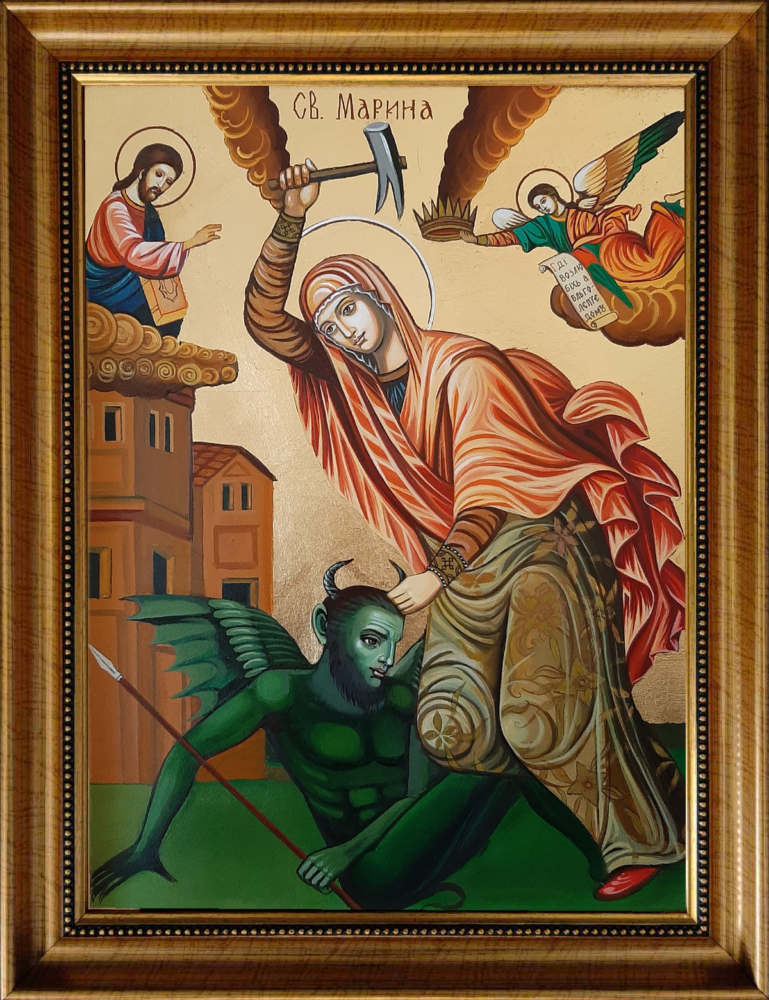 Close-up of Saint Marina’s face and halo, detailed in warm tones and intricate brushwork.