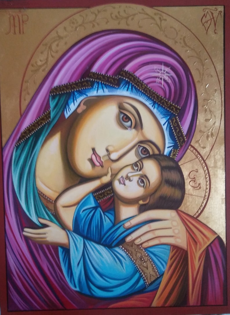 Hand-painted Byzantine icon of the Virgin Mary and Christ Child with gold leaf background