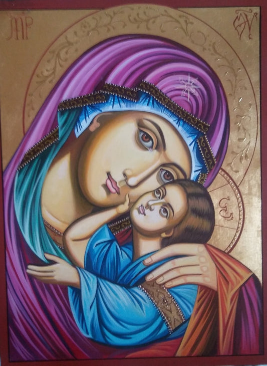 Hand-painted Byzantine icon of the Virgin Mary and Christ Child with gold leaf background