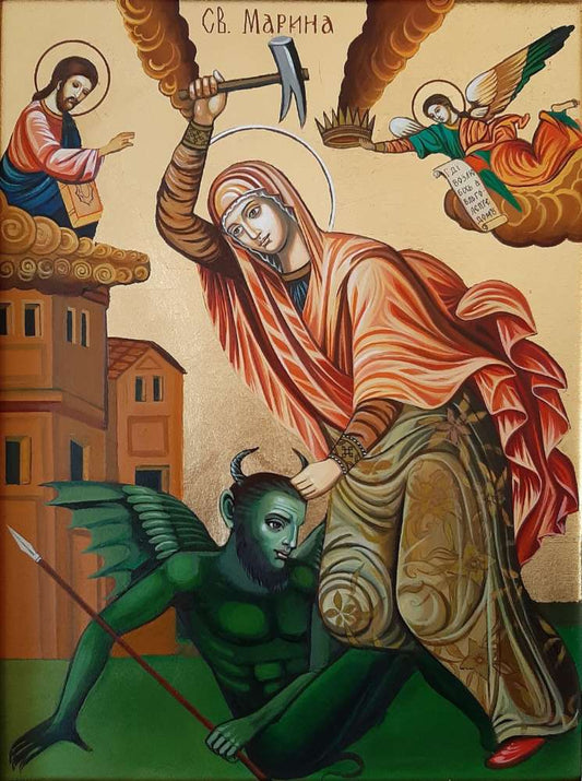 Orthodox icon of Saint Marina the Great Martyr, hand-painted with gold leaf and traditional motifs.