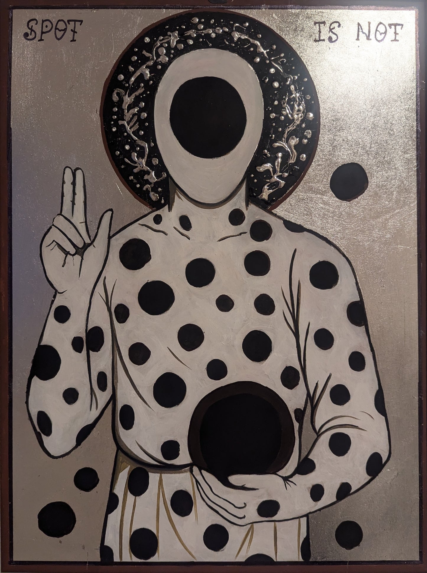 Original icon artwork with silver background, surreal faceless figure, portal art, contemporary religious painting, Spot-inspired.