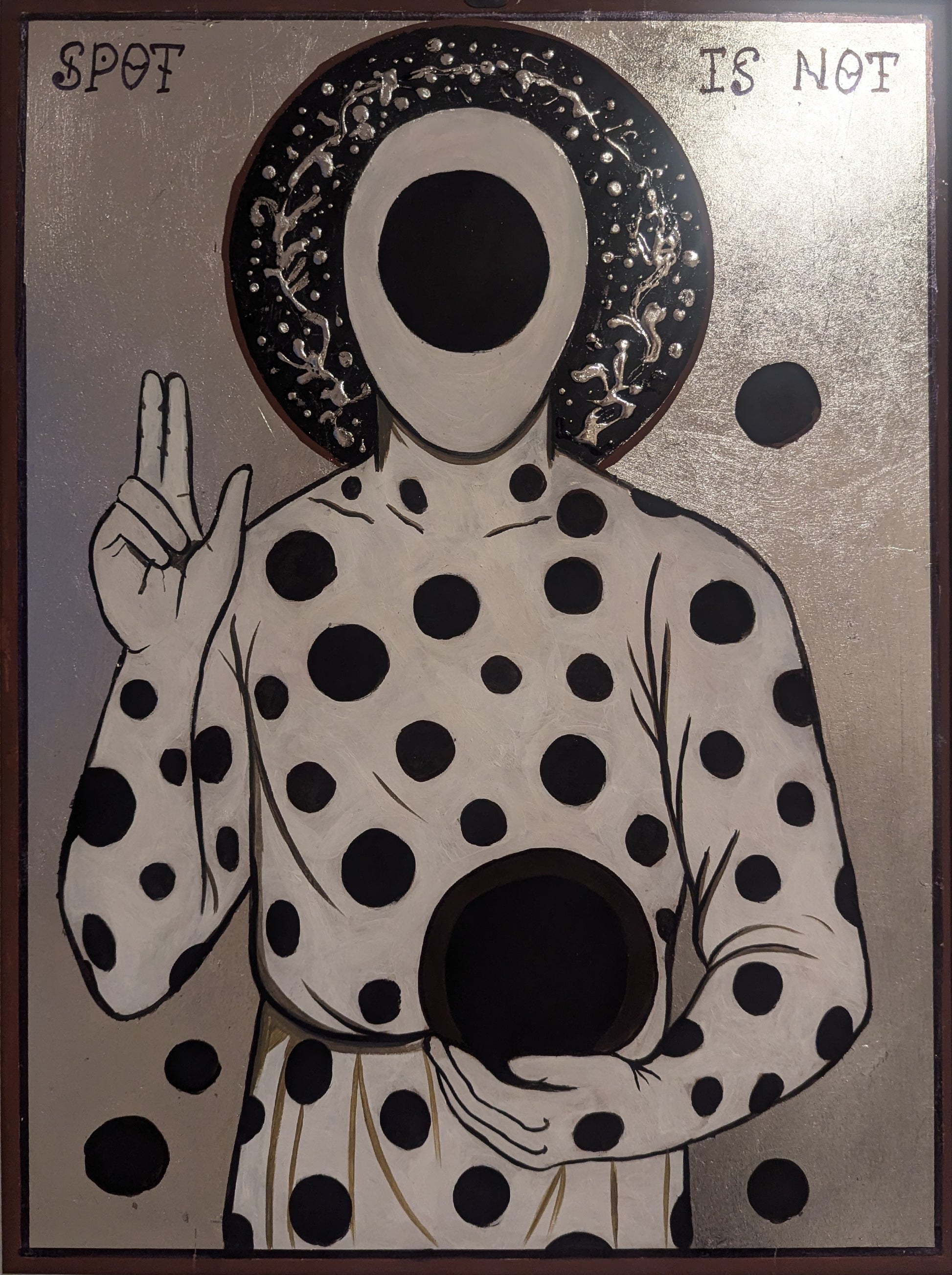 Original icon artwork with silver background, surreal faceless figure, portal art, contemporary religious painting, Spot-inspired.